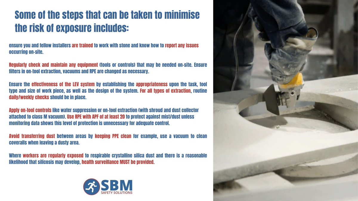 Stone workers are at risk of exposure to airborne stone dust containing respirable crystalline silica (RCS) when processing stone.