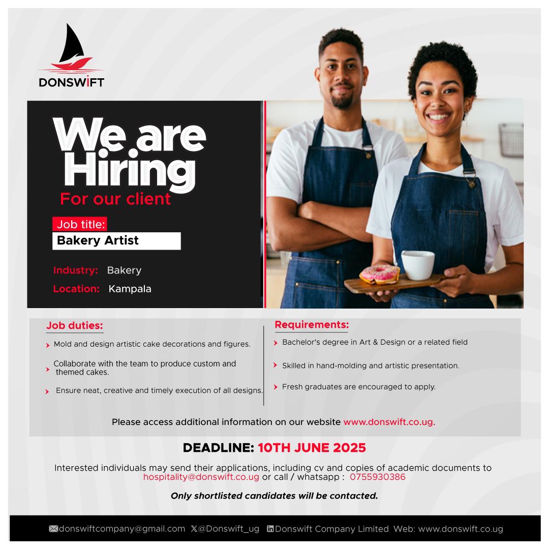 Donswift Company Ltd (@donswift_ug) on Twitter photo Hiring,
Are you a creative spirit with a passion for cake artistry?
Apply Now: hospitality@donswift.co.ug
Deadline: 10th June 2025
For more info: donswift.co.ug/jobs/we-are-hi…
#Hiring Hiring,
Are you a creative spirit with a passion for cake artistry?
Apply Now: hospitality@donswift.co.ug
Deadline: 10th June 2025
For more info: donswift.co.ug/jobs/we-are-hi…
#Hiring