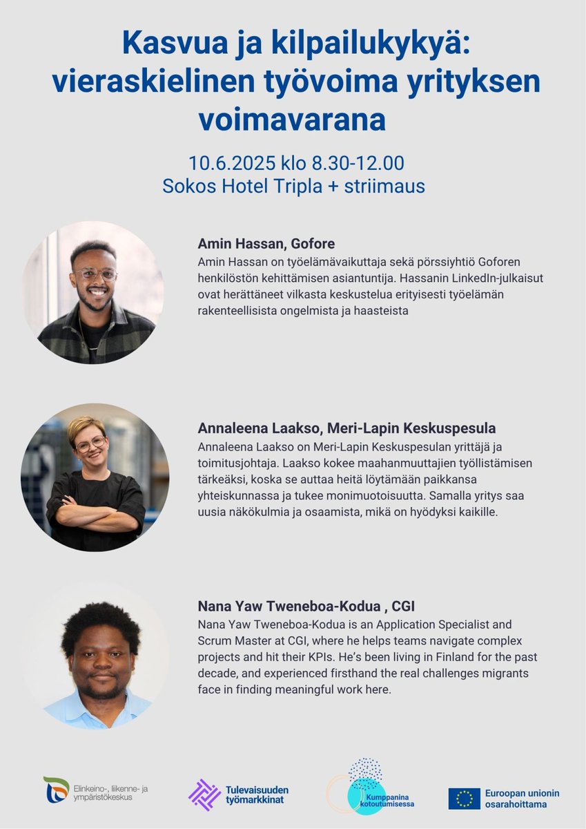 elinvoimak_UUD's tweet image. 🤗Tervetuloa tiistaina 10.6.2025  järjestettävään "Kasvua ja kilpailukykyä: vieraskielinen työvoima yrityksen  voimavarana" -tilaisuuteen! 

📅Läsnäoloilmoittautumista on jatkettu 6.6.  saakka. #Inkluusio #TasaArvo #monimuotoisuus #työelämä link.webropolsurveys.com/EventParticipa…