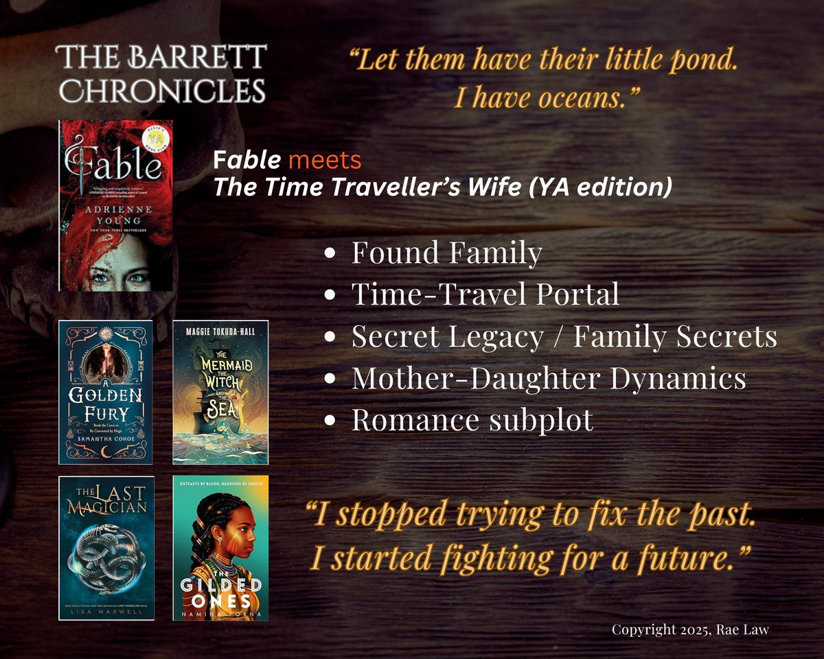 RealRaeLaw's tweet image. New #agentsguide for The Barrett Chronicles.
Bonney Barrett is done being powerless. Time travel, the British Navy, & a bloodthirsty pirate captain won’t stop her from saving her dad—even if she has to steal a ship to do it.
Fable x Time Traveler's Wife (YA) #YA #HF #TT #Q