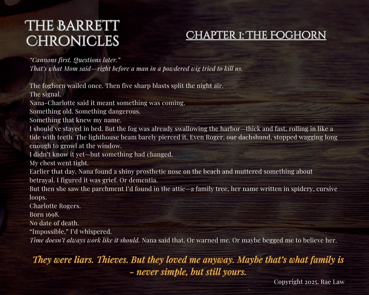 RealRaeLaw's tweet image. New #agentsguide for The Barrett Chronicles.
Bonney Barrett is done being powerless. Time travel, the British Navy, & a bloodthirsty pirate captain won’t stop her from saving her dad—even if she has to steal a ship to do it.
Fable x Time Traveler's Wife (YA) #YA #HF #TT #Q