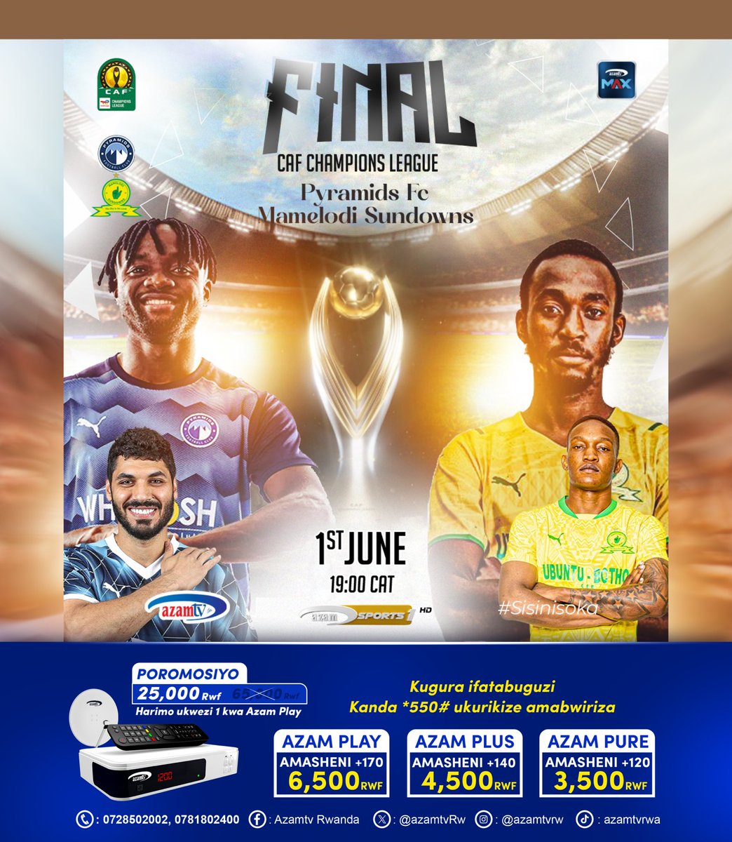 ⚽ Kuri iki Cyumweru, tariki ya 1 Kamena, Pyramids FC izaba iri i Cairo yakira Mamelodi Sundowns mu mukino wo kwishyura wa African Champions League.

Ntuzacikwe

Uyu mukino uzatangira saa moya. 

📺: AzamSports1HD.

#imyidagadurokuribose
#entertainmentforeverybody