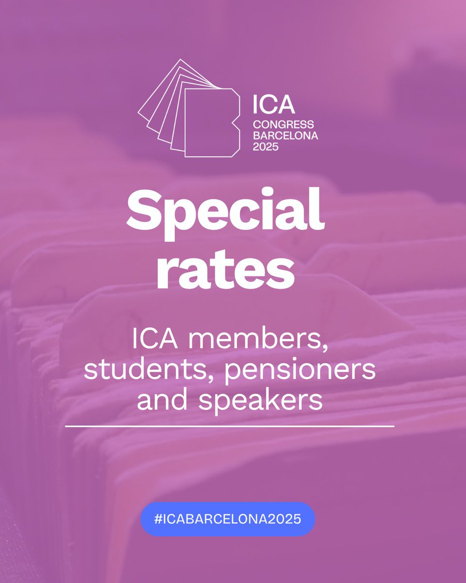 🎉 It’s official – registration is now OPEN for the International Archives Congress – ICA Barcelona 2025! 📂🌍

💡 Take advantage of the Early Bird rate before 11 July 2025 and save over 50€. Special rates are also available for ICA members, students, pensioners, and speakers,