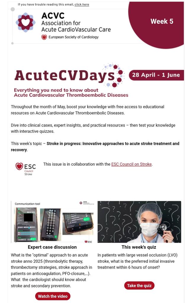 ACVCPresident's tweet image. Answer to the Week 5 challenge is:
1. PFO closure in these patients is recommended. #AcuteCVDays
Several randomized controlled trials showed a significant reduction in recurrent stroke risk with PFO closure compared to antiplatelet therapy alone in this selected population.…