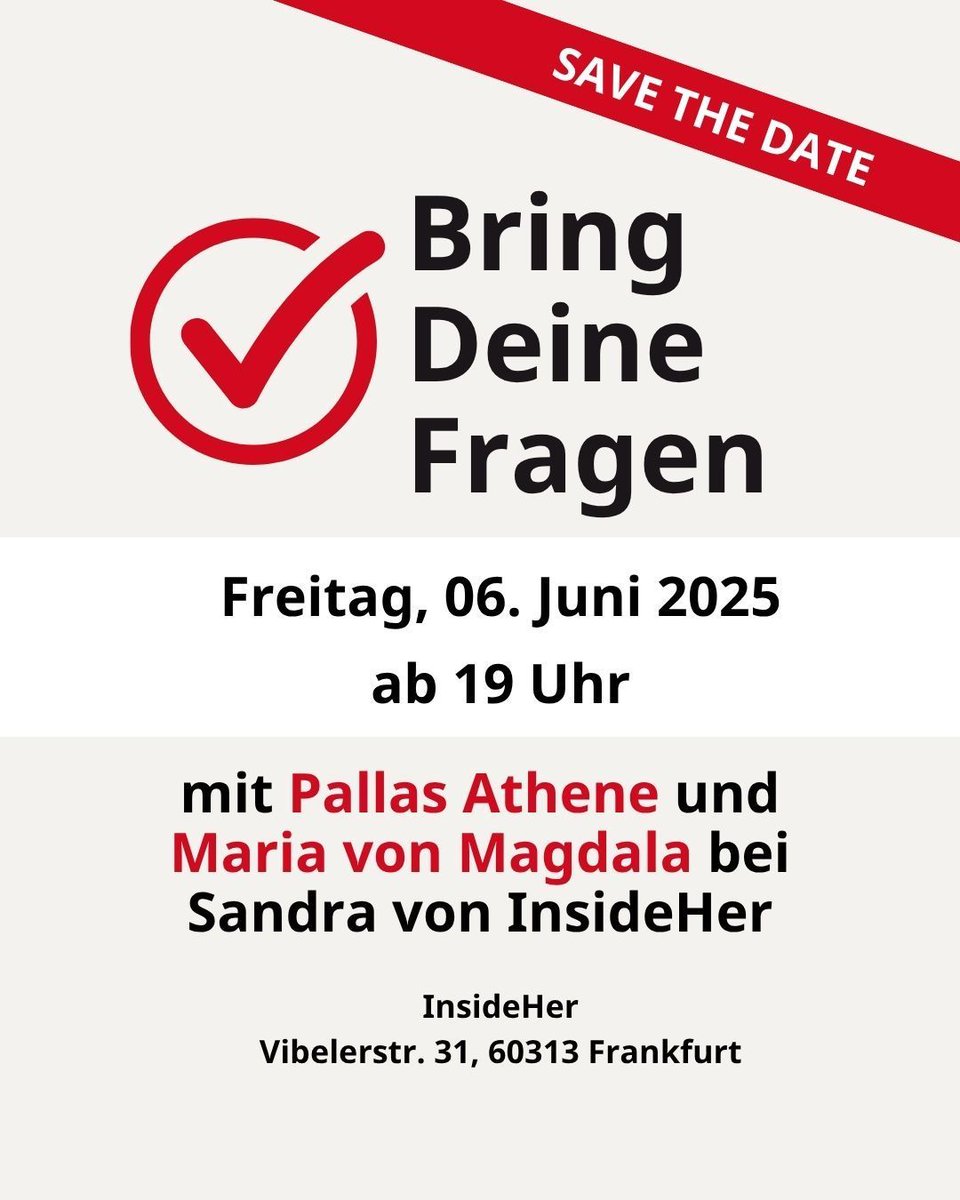So klingt die #aktionswoche spannend aus 😍 

Sexarbeitende Pallas Athene und Maria von Magdala erzählen bei Prosecco aus ihrem Alltag. Bring Deine Neugier und Deine Fragen 🤗

🗓️ Freitag, 06. Juni ab 19 Uhr 
📍 InsideHer, Vibelerstr. 31, 60313 Frankfurt 
#redetmitstattüberuns