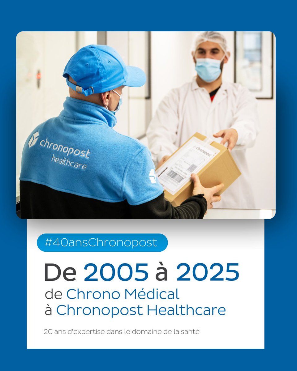 Il y a 20 ans, Chronopost lançait Chrono Médical : une offre dédiée au transport express de produits de santé. 

Aujourd'hui, Chrono Médical, l'offre J+1 de⚕️#ChronopostHealthcare, c'est :  

🏬 74 sites équipés de chambres froides
🏗️ 5 hubs et 69 agences partout en France
🌡️ Un