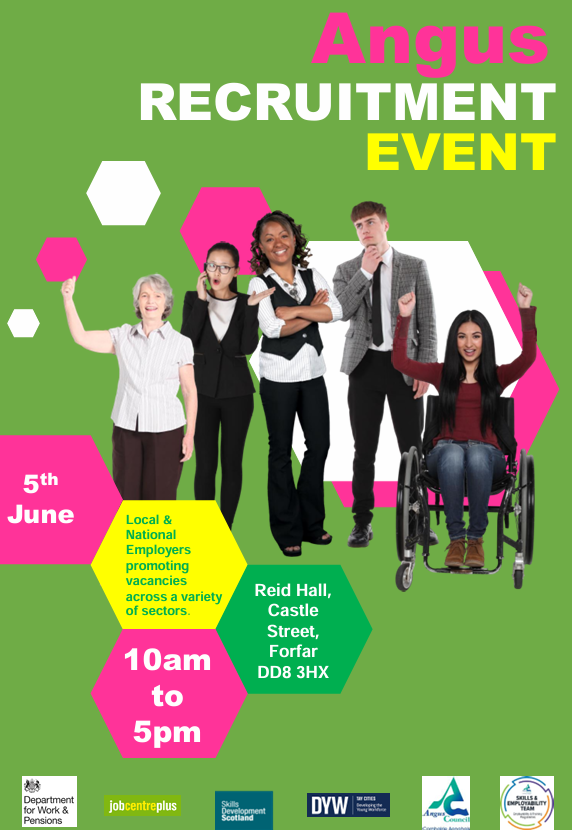📢 Angus Recruitment Event – 5th June

Looking for work or a new opportunity? Come along to Reid Hall, Forfar, 10am–5pm!

👔 Meet local &amp; national employers
💼 Vacancies across all sectors
📍 Castle St, Forfar, DD8 3HX

Free entry – all welcome!
#AngusJobs #DYWtaycities #JobFair
