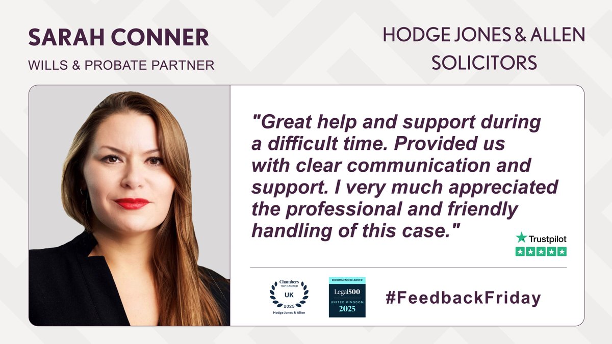 This week’s #FeedbackFriday is for Sarah Conner, Partner in our #WillsAndProbate team. 

With over 20 years of experience, Sarah provides expert advice on everything from estate planning to trusts, always with empathy &amp; clarity during life’s most sensitive moments.