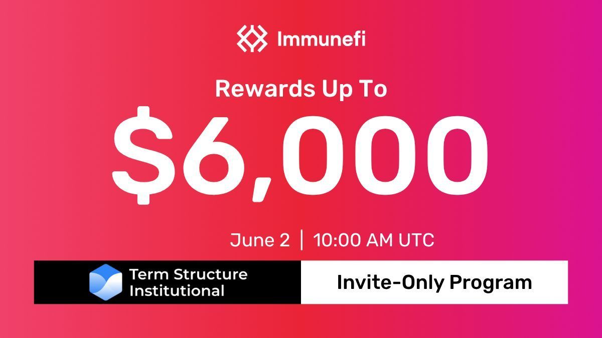 Immunefi (@immunefi) on Twitter photo 🚨 Invite-Only Bug Bounty 🚨
<a href="/TSInstitutional/">Term Structure Institutional</a> is launching a $6,000 Invite-Only Program, where 2 top security researchers will go head-to-head hunting for vulnerabilities in their Solidity codebase.
🔐 Only two researchers, one exclusive challenge.
Not invited? You can still 🚨 Invite-Only Bug Bounty 🚨
<a href="/TSInstitutional/">Term Structure Institutional</a> is launching a $6,000 Invite-Only Program, where 2 top security researchers will go head-to-head hunting for vulnerabilities in their Solidity codebase.
🔐 Only two researchers, one exclusive challenge.
Not invited? You can still