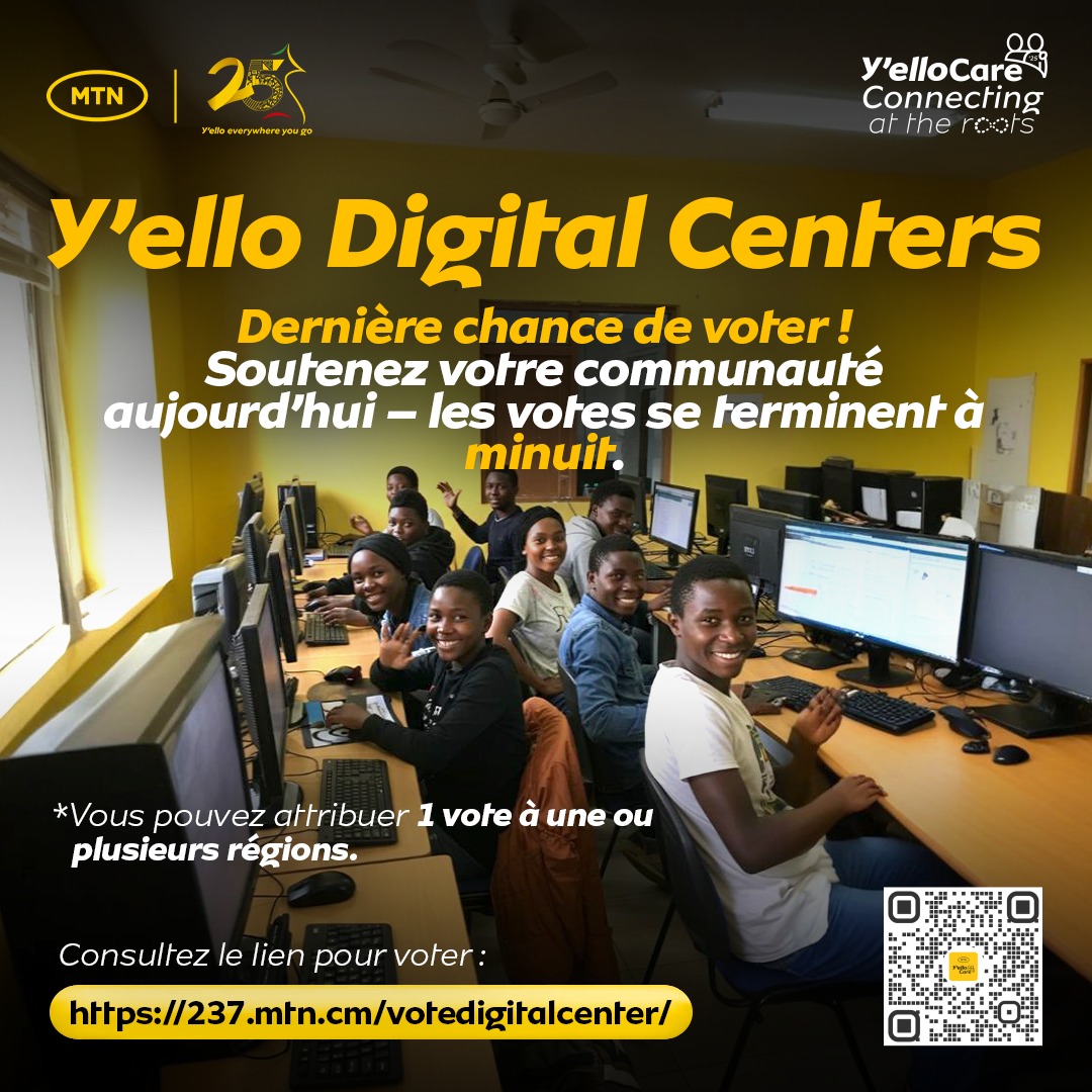 Y'ello Digital Centers – Dernière chance de voter !
Soutenez votre communauté aujourd’hui – les votes se terminent à minuit:237.mtn.cm/votedigitalcen…
#21DaysOfYelloCare #YelloCare2025 #ConnectingAtTheRoots #DoingGoodTogether #MTNC25Years