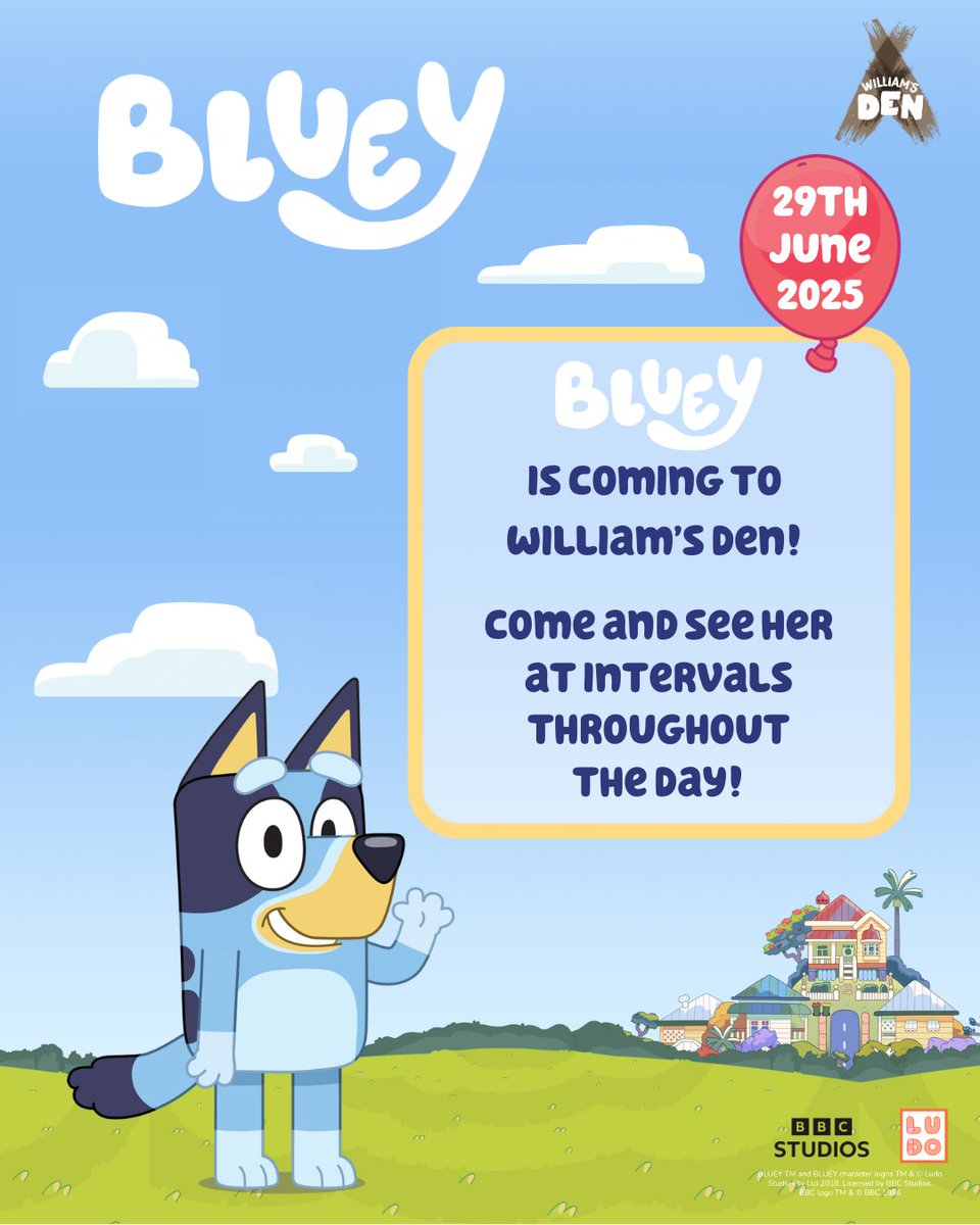 BLUEY IS BACK! 🩵
Due to huge demand after our popular March visit, everyone’s favourite from the hit TV series’, Bluey is returning to William’s Den on Sunday 29th June! 🎉

👉 Book William’s Den tickets now: tickets.williamsden.co.uk/event-tickets/…