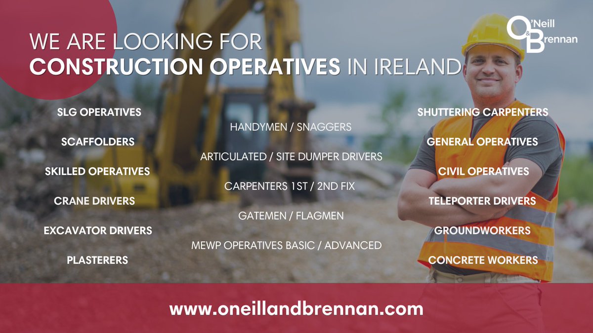 🚧 Searching for a new role in Construction? 🚧

We're looking for:

🔨 Labourers &amp; Groundworkers
🏗️ Bricklayers &amp; Machine Operators
⚡ Electricians, Plumbers &amp; more!

Looking for your next role? Check out our job board today: bit.ly/3Cn9eT7

#JobsinIreland
