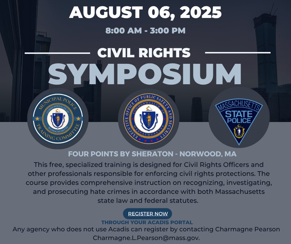 Join us for our Civil Rights Symposium! This FREE specialized training for Civil Rights Officers and professionals dedicated to enforcing protections. Join us for expert-led training on identifying, investigating, and prosecuting hate crimes.  

Register: mass.gov/mptc-acadis-tr…