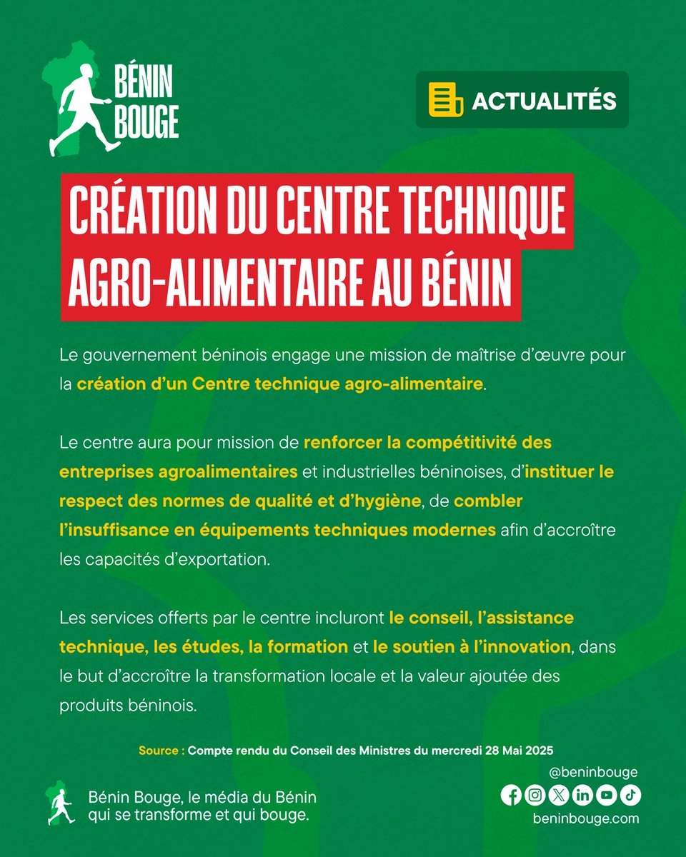 #ConseilDesMinistres | 𝗨𝗻 𝗻𝗼𝘂𝘃𝗲𝗹 𝗼𝘂𝘁𝗶𝗹 𝗽𝗼𝘂𝗿 𝗿𝗲𝗻𝗳𝗼𝗿𝗰𝗲𝗿 𝗹’𝗮𝗴𝗿𝗼𝗮𝗹𝗶𝗺𝗲𝗻𝘁𝗮𝗶𝗿𝗲 𝗮𝘂 𝗕𝗲́𝗻𝗶𝗻

Le gouvernement met en place un Centre technique agro-alimentaire  pour booster les capacités des entreprises locales. Ce nouvel outil garantira