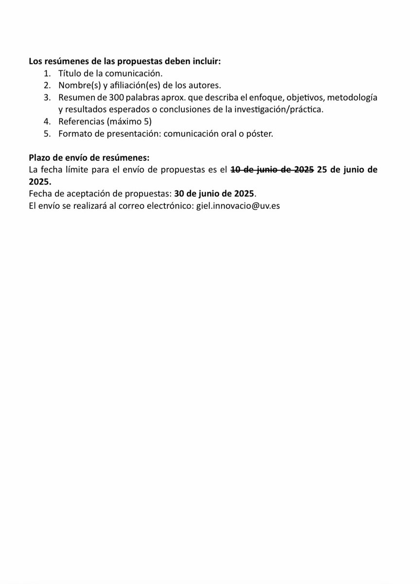 MJosé García Folgado (@mjgarciafolgado) on Twitter photo Llamada a comunicaciones:
Jornadas sobre Alfabetización mediática e inteligencia artificial: el uso del vídeo en enseñanza de lenguas
🗓 15-16 de julio de 2025
📍<a href="/facmagisteriuv/">Facultat de Formació del Professorat UV</a>
Organiza: <a href="/GrupGIEL/">Grup GIEL</a>
Envío de propuestas:
📩 giel.innovacio@uv.es hasta el 25 de junio Llamada a comunicaciones:
Jornadas sobre Alfabetización mediática e inteligencia artificial: el uso del vídeo en enseñanza de lenguas
🗓 15-16 de julio de 2025
📍<a href="/facmagisteriuv/">Facultat de Formació del Professorat UV</a>
Organiza: <a href="/GrupGIEL/">Grup GIEL</a>
Envío de propuestas:
📩 giel.innovacio@uv.es hasta el 25 de junio