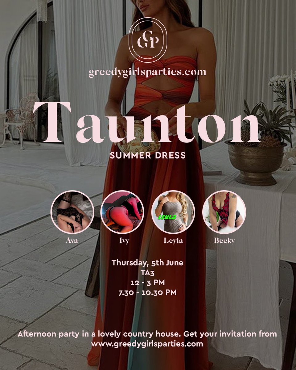 This week's parties! 

✨Canary Wharf
Wed June 4 | 3-6PM and 7.30-10.30PM
with Clarissa, <a href="/MlleIvy/">Mademoiselle Ivy 🌿</a> <a href="/XxxavaXxx/">XxAvaxX</a> 
Invitations:
greedygirlsparties.com/25/londone14.h…

✨Taunton
Thu June 5 | 12-3PM and 7.30-10.30PM
with <a href="/MlleIvy/">Mademoiselle Ivy 🌿</a> <a href="/XxxavaXxx/">XxAvaxX</a> <a href="/Stag_VixenSW/">Becky and Hubby</a> 
Invitations:
greedygirlsparties.com/25/taunton.html