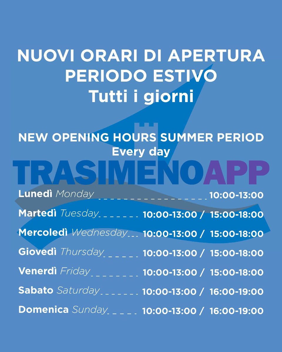 Dal 26 maggio e fino al 26 ottobre il Servizio di Informazione ed Accoglienza Turistica del Trasimeno, con sede a Castiglione del Lago in piazza Mazzini 10, sarà aperto tutti i giorni, festivi compresi!