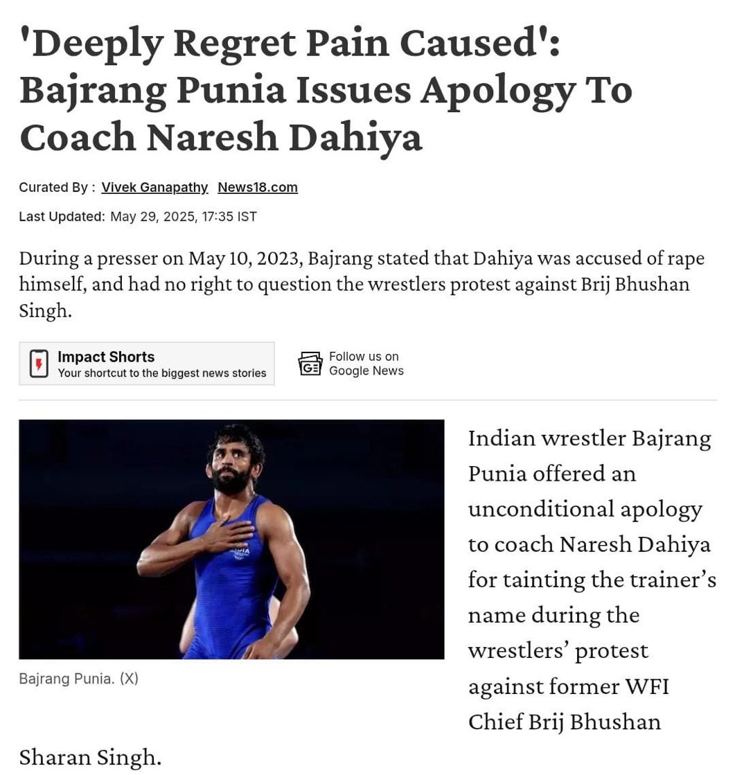 Rishi Bagree (@rishibagree) on Twitter photo Congress leader <a href="/BajrangPunia/">Bajrang Punia 🇮🇳</a> quietly apologized to Coach Naresh Dahiya for falsely accusing him of rape after Dahiya filed a lawsuit.
Every claim made by this group during the wrestlers protest has collapsed under scrutiny. Congress leader <a href="/BajrangPunia/">Bajrang Punia 🇮🇳</a> quietly apologized to Coach Naresh Dahiya for falsely accusing him of rape after Dahiya filed a lawsuit.
Every claim made by this group during the wrestlers protest has collapsed under scrutiny.