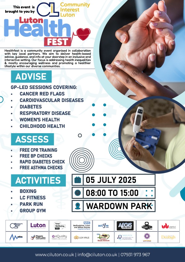 Community Interest Luton (@ciluton) on Twitter photo Luton Health Fest is back! 🎉
Join us for the 3rd annual Luton Health Fest at Wardown Park — a full day of fun, fitness, and free health advice!
🗓 Saturday 5th July
🕗 8am – 3pm
📍 Wardown Park, Luton
Interested in having a stall? Email info@ciluton.co.uk Luton Health Fest is back! 🎉
Join us for the 3rd annual Luton Health Fest at Wardown Park — a full day of fun, fitness, and free health advice!
🗓 Saturday 5th July
🕗 8am – 3pm
📍 Wardown Park, Luton
Interested in having a stall? Email info@ciluton.co.uk
