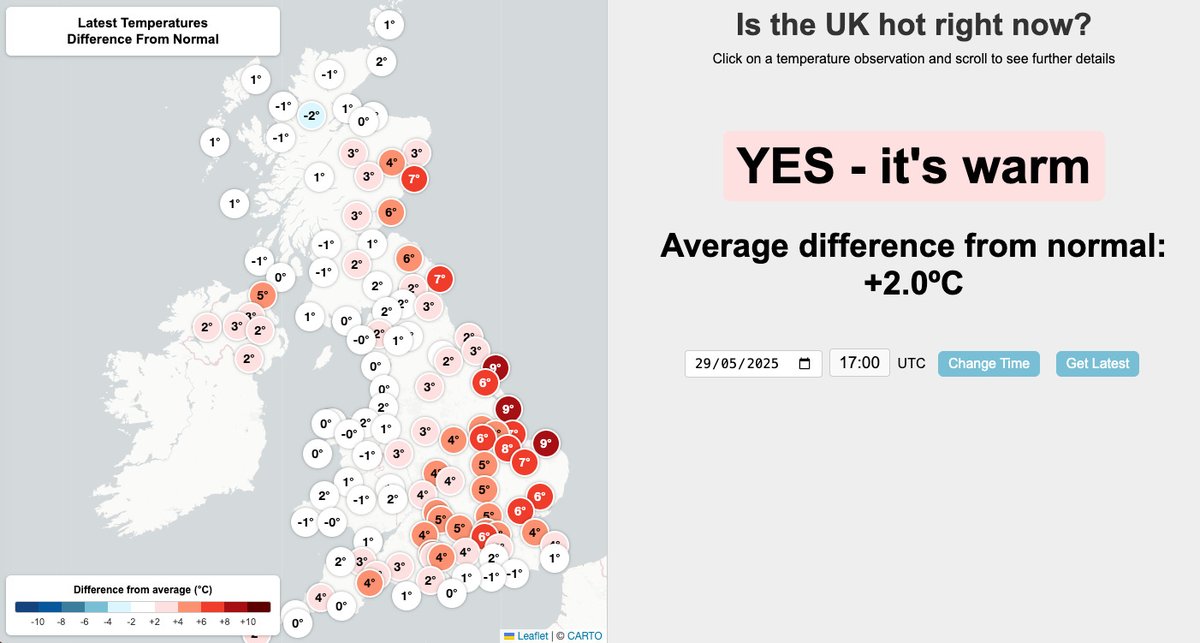 Ed Hawkins (@ed_hawkins) on Twitter photo Is it hot right now in the UK?
New interactive website allowing anyone to explore live temperatures hour-by-hour across the UK, and whether they are cool, warm or hot relative to normal.
istheukhotrightnow.com
Built by <a href="/RoostWeather/">Dan Harris</a>. Is it hot right now in the UK?
New interactive website allowing anyone to explore live temperatures hour-by-hour across the UK, and whether they are cool, warm or hot relative to normal.
istheukhotrightnow.com
Built by <a href="/RoostWeather/">Dan Harris</a>.