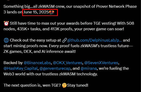 Moei (@0xmoei) on Twitter photo Snapshot of <a href="/DelphinusLab/">Delphinus Lab</a> Prover Network Nodes will be on June 15📸
It's been a month we are running its zkWASM Prover node.
TGE is next. Let's see if it cooks. Snapshot of <a href="/DelphinusLab/">Delphinus Lab</a> Prover Network Nodes will be on June 15📸
It's been a month we are running its zkWASM Prover node.
TGE is next. Let's see if it cooks.