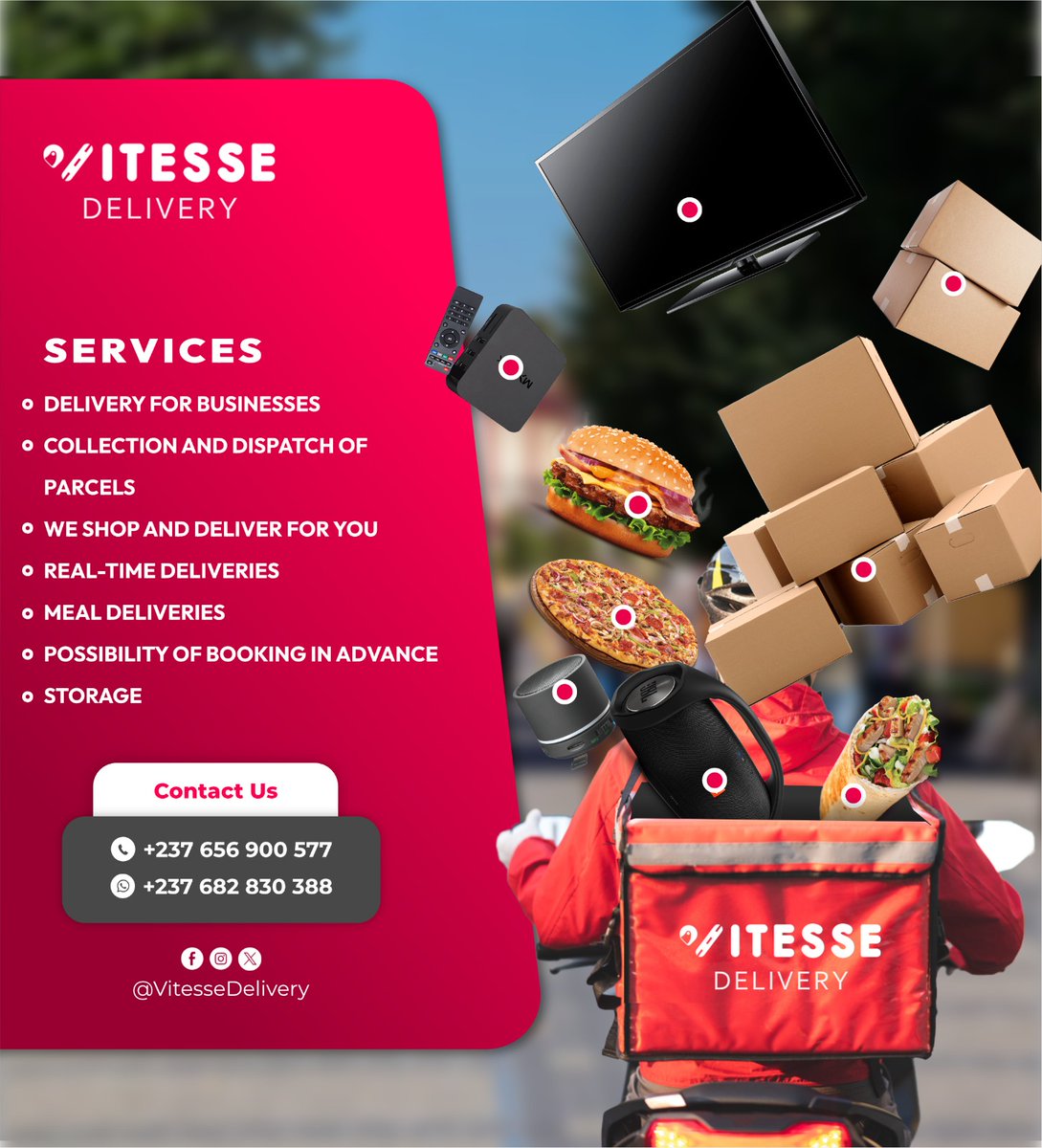 vitessedelivery's tweet photo. 📦 Need fast, reliable delivery in Douala?
Vitesse Delivery brings more than just packages — we deliver peace of mind 🙌
#FastDelivery #FastDelivery #DoualaVibes #TechForGood #CourierLife #SupportLocal #Team237
#Cameroon #Logistics #restaurant #business #Everyone https://t.co/X4iRLxzIzw