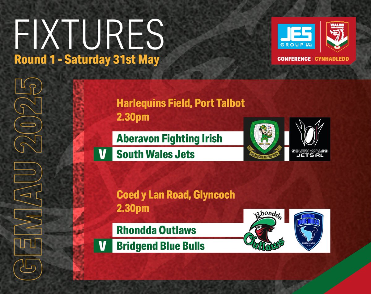 Cic Gyntaf y Gynghrair🏉

Two exciting matches tomorrow in the first round of the 2025 JES Rugby League Conference as the last four years' champions face off.

wrl.wales/jes-group-rugb…