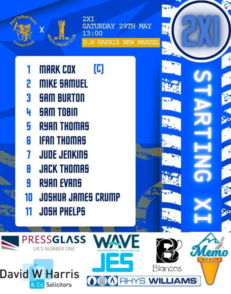 Port Talbot Town CC (@piratecricket) on Twitter photo Teams for this Saturday:
1st XI v <a href="/penarthcricket/">Penarth Cricket Club</a> (away)
2nd XI v <a href="/NeathCC/">Neath Cricket Club</a> 2nd XI (home)
3rd XI - Bye (No game) Teams for this Saturday:
1st XI v <a href="/penarthcricket/">Penarth Cricket Club</a> (away)
2nd XI v <a href="/NeathCC/">Neath Cricket Club</a> 2nd XI (home)
3rd XI - Bye (No game)