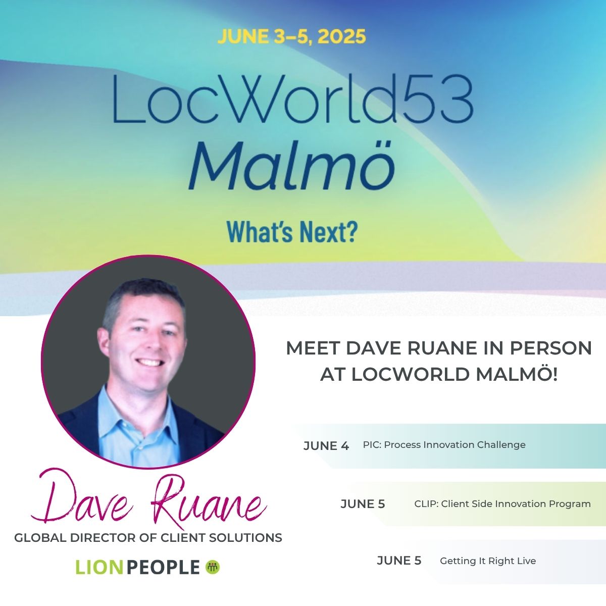 🎤 Heading to #LocWorld53 in Malmö next week? So is Dave Ruane, our Director of Client Solutions! He’d love to connect in person, so grab your phone and shoot him a quick DM to meet up!

#Localization #LocWorld #Innovation #PIC #CLIP #Networking