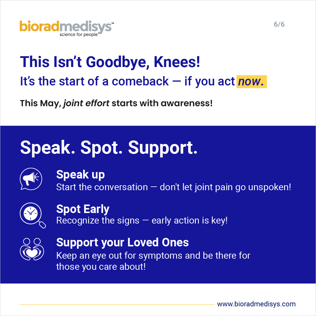 (Part 2)

Your joint’s got a story—don’t let “I ignored it” be the ending.

Osteoarthritis isn’t scary. Treatment isn’t always surgery. Waiting? Bad move.
This #ArthritisAwarenessMonth, choose clarity. Early diagnosis = better outcomes. Start healing.

#BioradMedisys