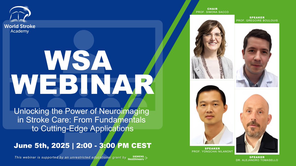 World Stroke Academy (@worldstrokeed) on Twitter photo 🔓Unlock the power of #Neuroimaging in #StrokeCare
Join us for an expert-led #webinar chaired by <a href="/Simona_Sacco_/">Simona Sacco</a> with <a href="/atomasell/">Alejandro Tomasello W</a>, <a href="/gboulouis/">Gregoire Boulouis</a> and Yongchai Nilanont
🧠From fundamentals to cutting-edge tools!
🗓️Register: us02web.zoom.us/webinar/regist…
<a href="/SiemensHealth/">Siemens Healthineers</a> <a href="/WorldStrokeOrg/">World Stroke Org</a> 🔓Unlock the power of #Neuroimaging in #StrokeCare
Join us for an expert-led #webinar chaired by <a href="/Simona_Sacco_/">Simona Sacco</a> with <a href="/atomasell/">Alejandro Tomasello W</a>, <a href="/gboulouis/">Gregoire Boulouis</a> and Yongchai Nilanont
🧠From fundamentals to cutting-edge tools!
🗓️Register: us02web.zoom.us/webinar/regist…
<a href="/SiemensHealth/">Siemens Healthineers</a> <a href="/WorldStrokeOrg/">World Stroke Org</a>