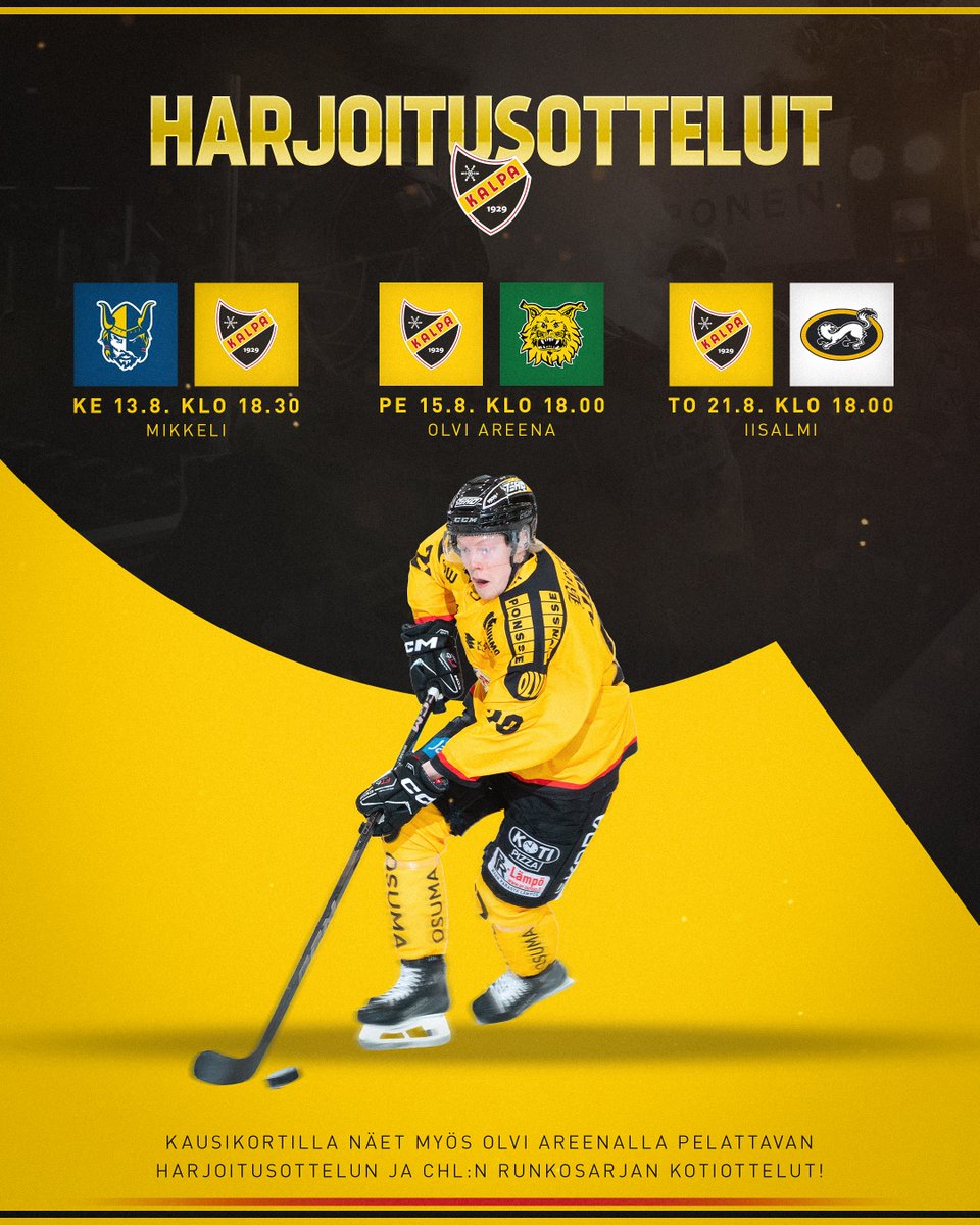 KalPa pelaa kolme harjoitusottelua ennen CHL:n ja Liigan runkosarjaa! 👊

Olvi Areenalla pelattava harjoitusvääntö on luvassa pe 15.8. klo 18.00 Ilvestä vastaan.

🎟️ Kausikortilla näet myös kotona pelattavan harjoitusottelun ja CHL-ottelut: kalpa.tmtickets.fi

#KalPa #Liiga