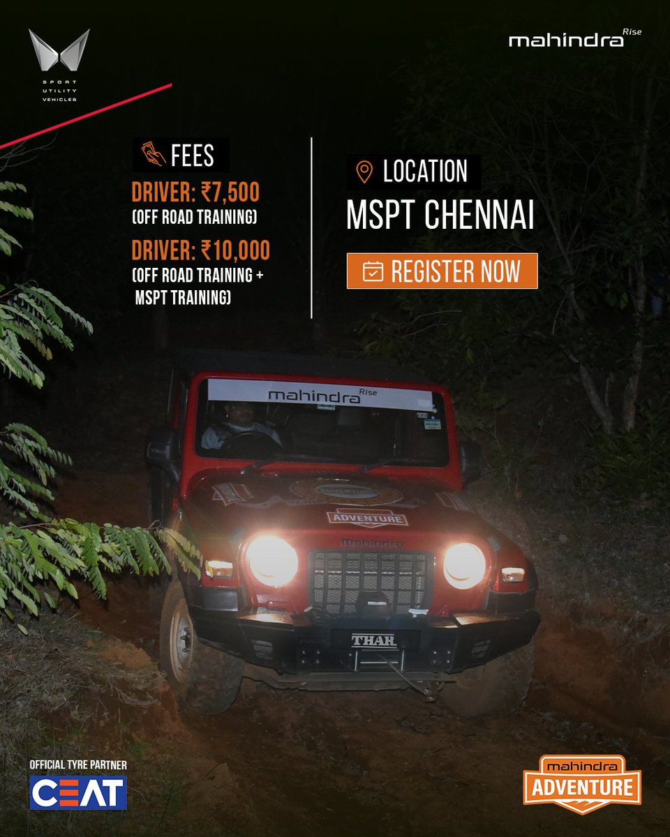 MahindraAdvntr's tweet photo. Fasten your seatbelt!
Your off-road journey begins now! Join us at Getting Dirty MSPT on 21st June 2025
Click the link in bio to book now.

#MahindraAdventure #Adventure #4x4 #Offroading #GettingDirty #MSPT https://t.co/HzF0Sp9Yiu