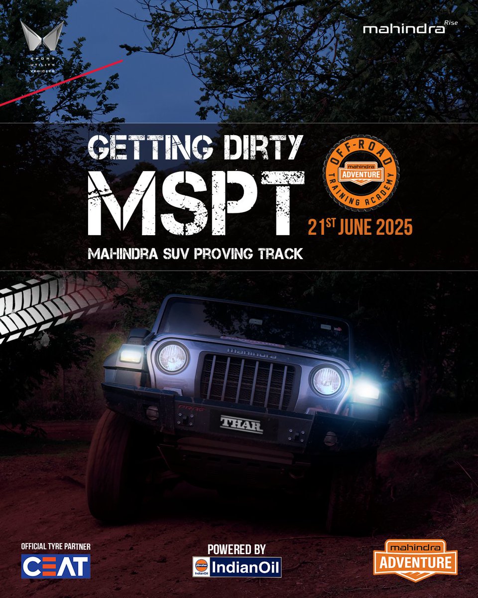 MahindraAdvntr's tweet photo. Fasten your seatbelt!
Your off-road journey begins now! Join us at Getting Dirty MSPT on 21st June 2025
Click the link in bio to book now.

#MahindraAdventure #Adventure #4x4 #Offroading #GettingDirty #MSPT https://t.co/HzF0Sp9Yiu