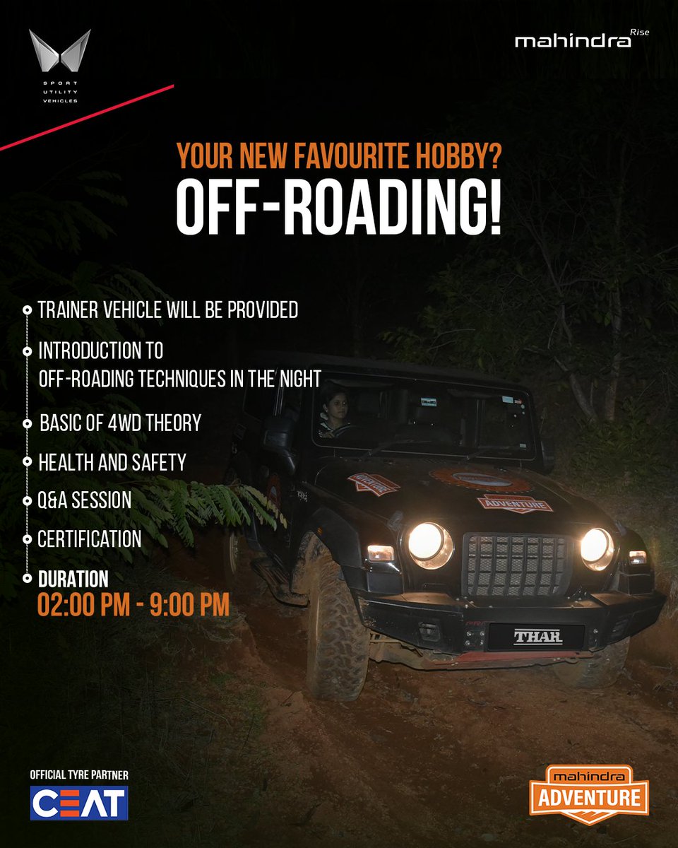 MahindraAdvntr's tweet photo. Fasten your seatbelt!
Your off-road journey begins now! Join us at Getting Dirty MSPT on 21st June 2025
Click the link in bio to book now.

#MahindraAdventure #Adventure #4x4 #Offroading #GettingDirty #MSPT https://t.co/HzF0Sp9Yiu
