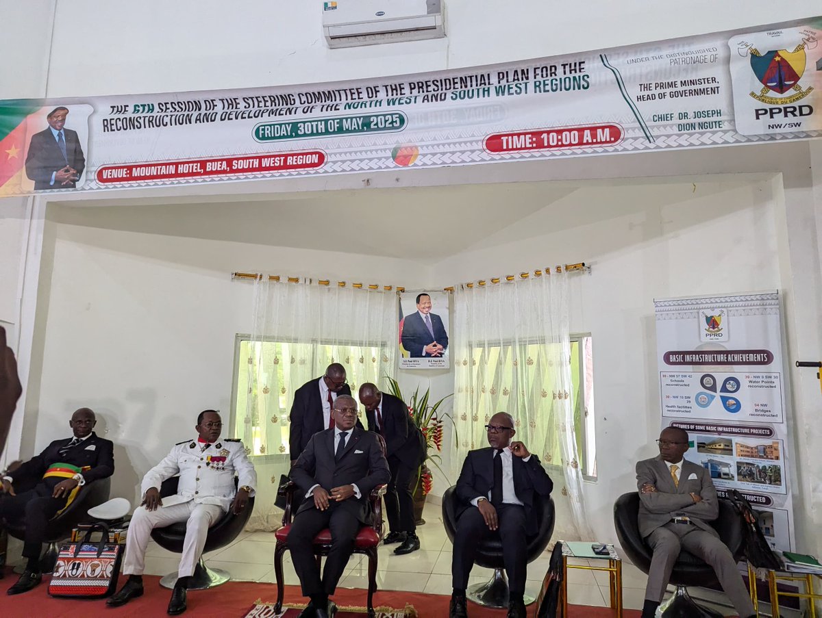 The sixth session of the Presidential Plan for Reconstruction and Development of the North West and South West Regions steering committee meeting is underway in Buea.
It is chaired by the Prime Minister, Head of Gov't, Chief Dr Joseph Dion Ngute, on behalf of President Paul Biya.
