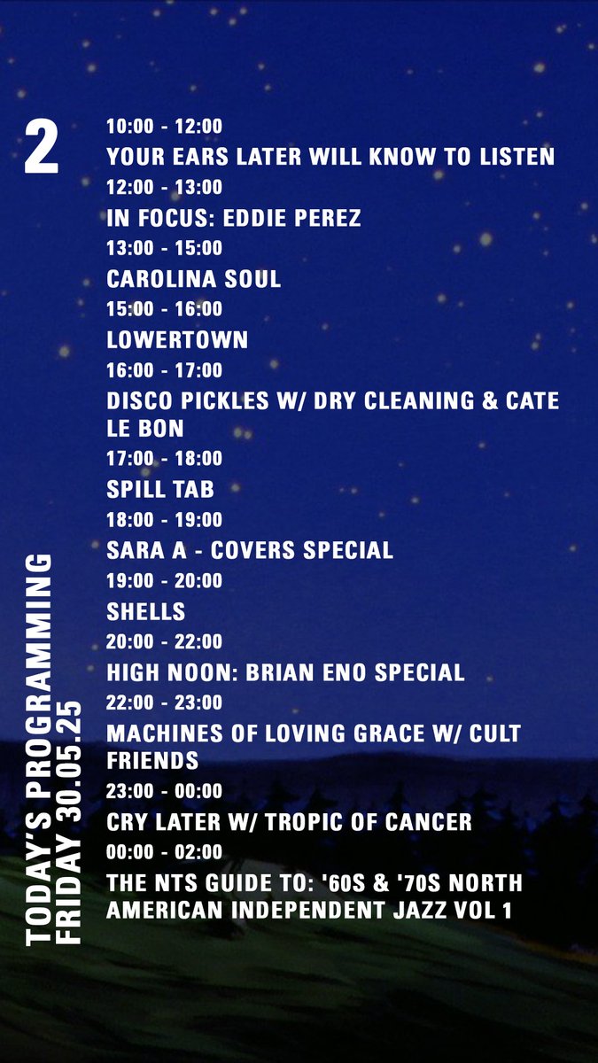 NTS Radio (@ntslive) on Twitter photo Today on NTS:
<a href="/RufDug/">Ruf Dug</a> <a href="/dazegxd1k/">daze @ dazegxd.com</a> <a href="/itsthelarge/">the large</a> <a href="/SelassieTBC/">TBC 🇬🇭</a> <a href="/carolinasoulrec/">Carolina Soul</a> <a href="/camellalobo/">Camella Lobo</a> @nottm_contemp
nts.live/schedule Today on NTS:
<a href="/RufDug/">Ruf Dug</a> <a href="/dazegxd1k/">daze @ dazegxd.com</a> <a href="/itsthelarge/">the large</a> <a href="/SelassieTBC/">TBC 🇬🇭</a> <a href="/carolinasoulrec/">Carolina Soul</a> <a href="/camellalobo/">Camella Lobo</a> @nottm_contemp
nts.live/schedule