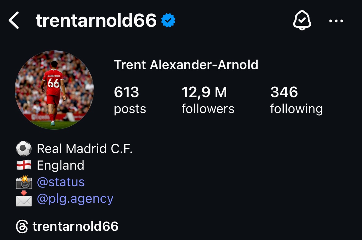🚨📲 ترينت ألكسندر أرنولد يقوم بتغيير البايو على حسابه على انستغرام 'لاعباً لريال مدريد' 🤍