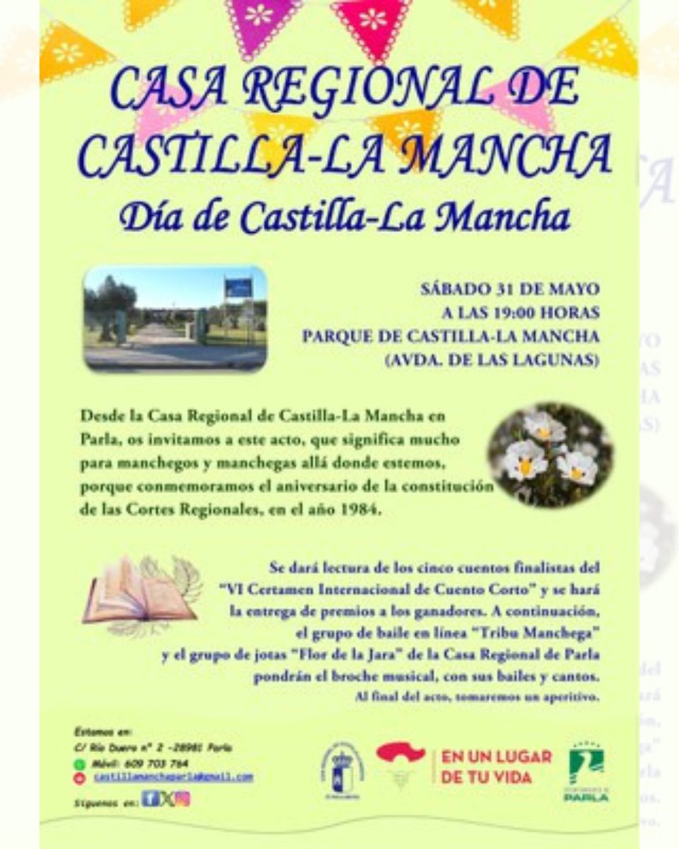 Este #FindeEnParla… ¡no hay excusas!
🤾Torneo Nano Balonmano
🌈Juegos por la Diversidad
📚Certamen de cuentos cortos
🌱Y el 1 de junio… ¡empieza la #SemanaMedioAmbiente!
🐝 Taller: Hoteles para insectos (#LaCasa, 11h.) - 6 a 12 años
✍️ Inscripciones 👉 docs.google.com/forms/d/e/1FAI…