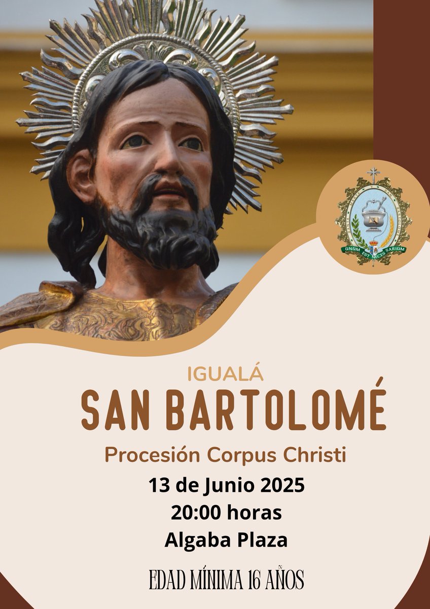 Igualá San Bartolomé 

Con motivo de la festividad del Corpus Christi, nuestro Santo Patrón procesionará en el cortejo del Corpus en la tarde del domingo 22 de Junio.

Toda la información de la Igualá ⏬