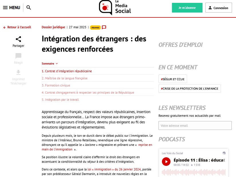 [Dossier juridique] Intégration des étrangers : des exigences renforcées lemediasocial.fr/integration-de…