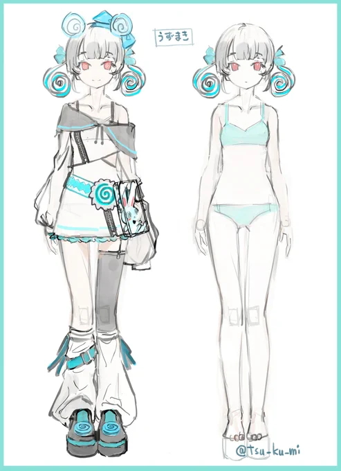なんとなくうずまきちゃんというオリキャラの正面ラフ 洋服着たバージョンもとりあえず完成 ラフだけど #創作 #オリキャライラスト