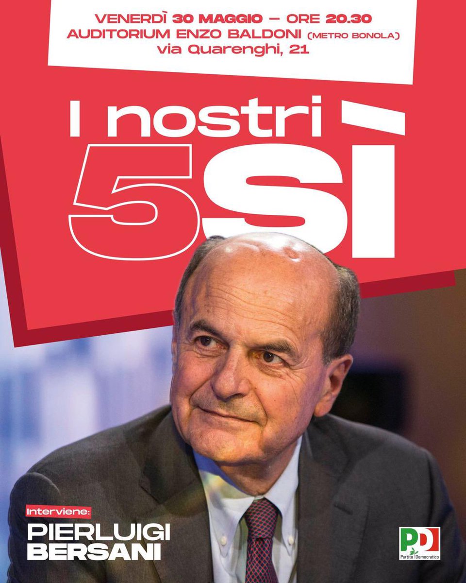 pbersani's tweet photo. Questa sera a Milano per 5 Sì ai referendum dell’8 e 9 giugno 👇🏻 https://t.co/veCza0ILNi