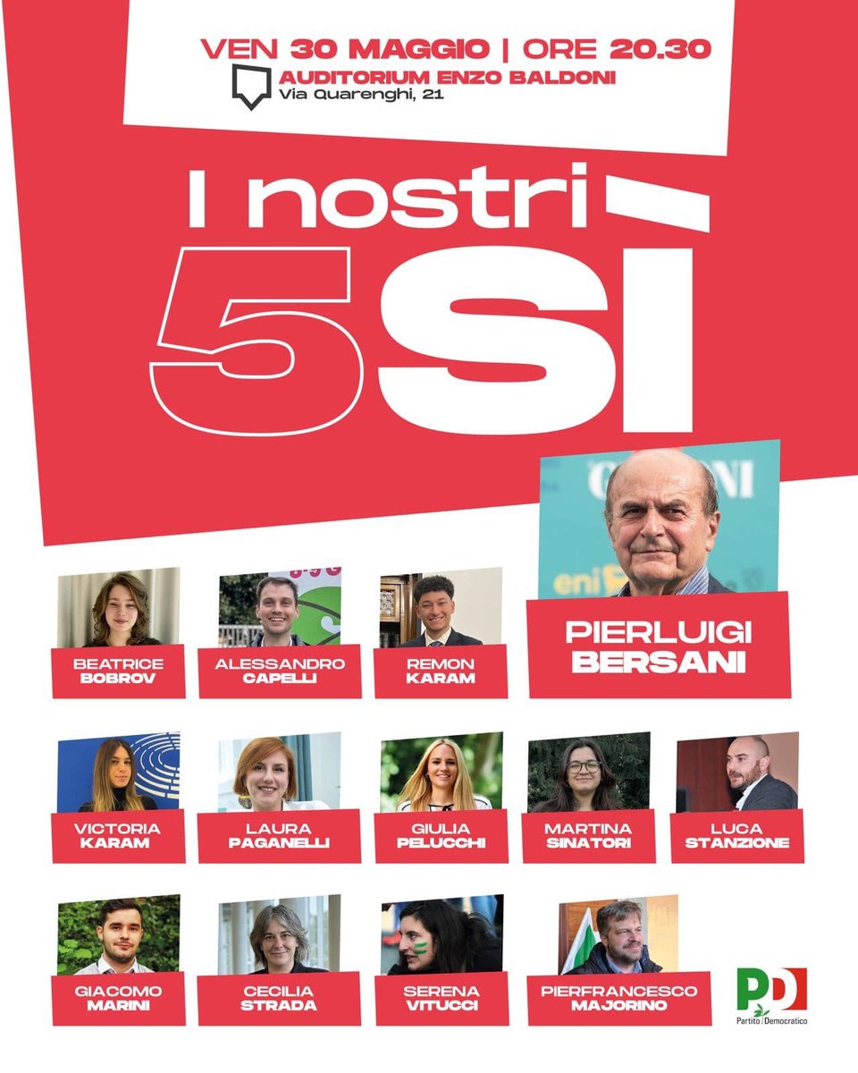 pbersani's tweet photo. Questa sera a Milano per 5 Sì ai referendum dell’8 e 9 giugno 👇🏻 https://t.co/veCza0ILNi