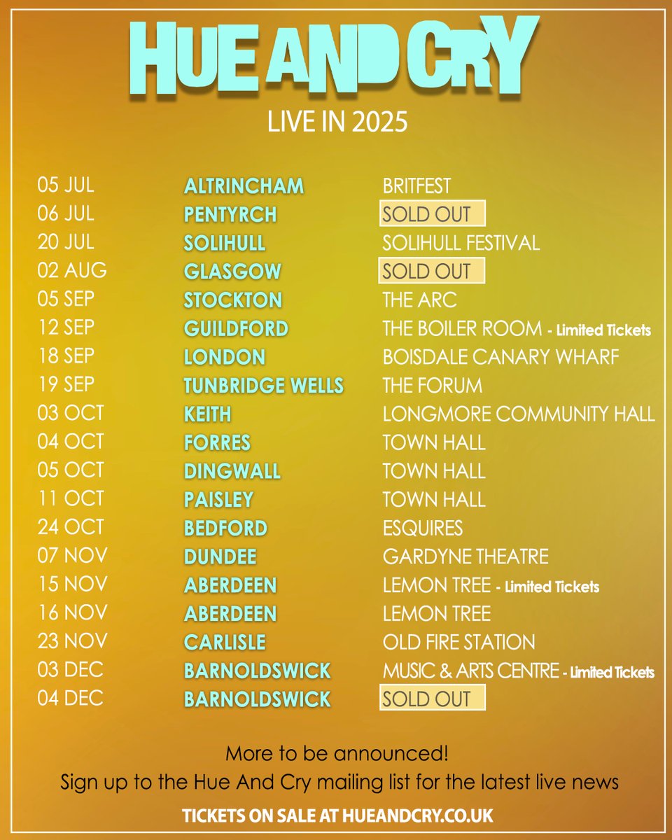 Can you believe we're half way through 2025 already? We're looking forward to more live shows in the second half (with more to be announced before the year is out!). Make sure you're signed up to the Hue And Cry mailing list to find out first 🎶📩 eepurl.com/bFsMCb