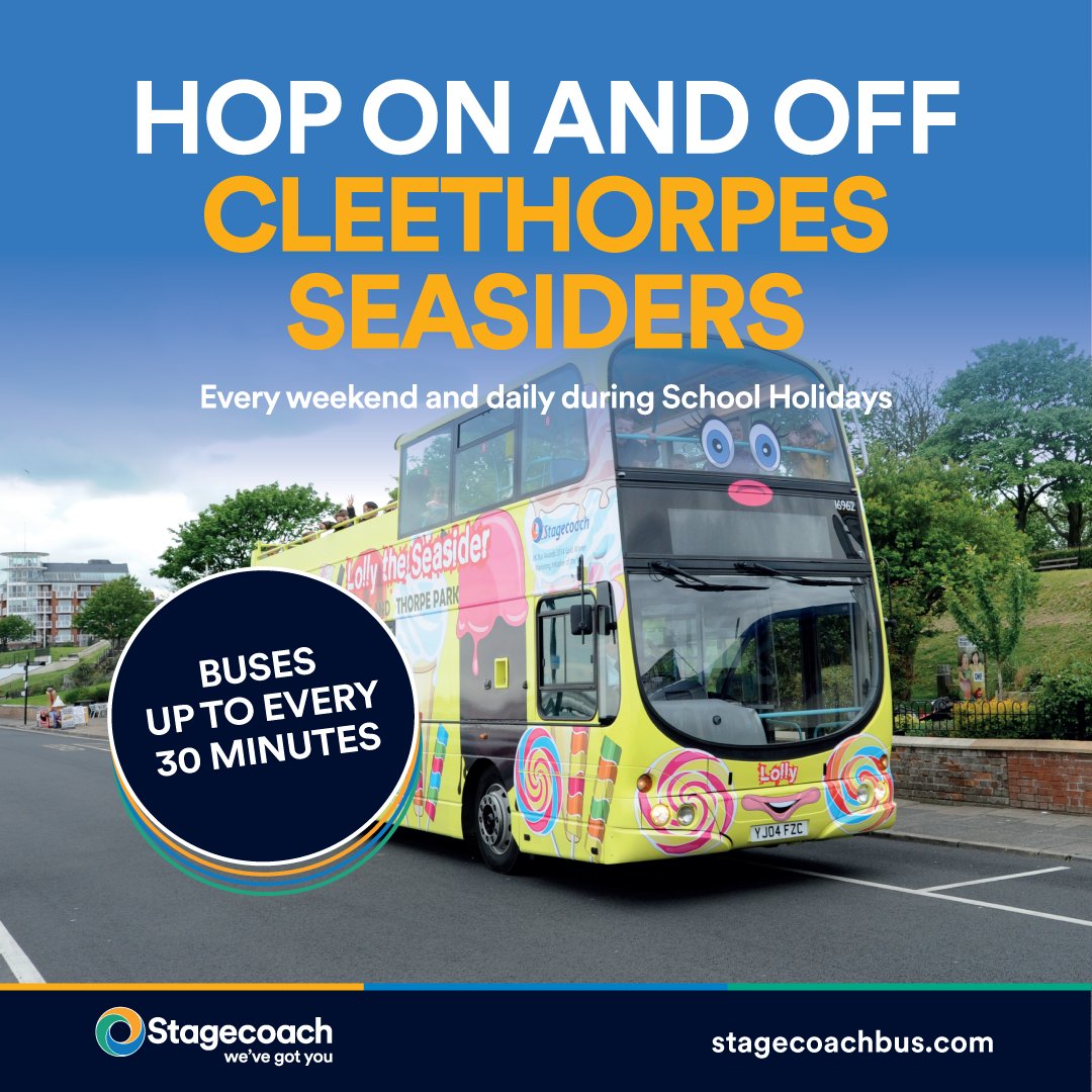 StagecoachEMid's tweet photo. Sea, sand and Seasiders - Hop on board a Cleethorpes Seasider this summer and let Lolly or Splash show you around!

With a bus every 30 minutes, you can enjoy all the views of the coast at your leisure. https://t.co/Wntwgo8S1u