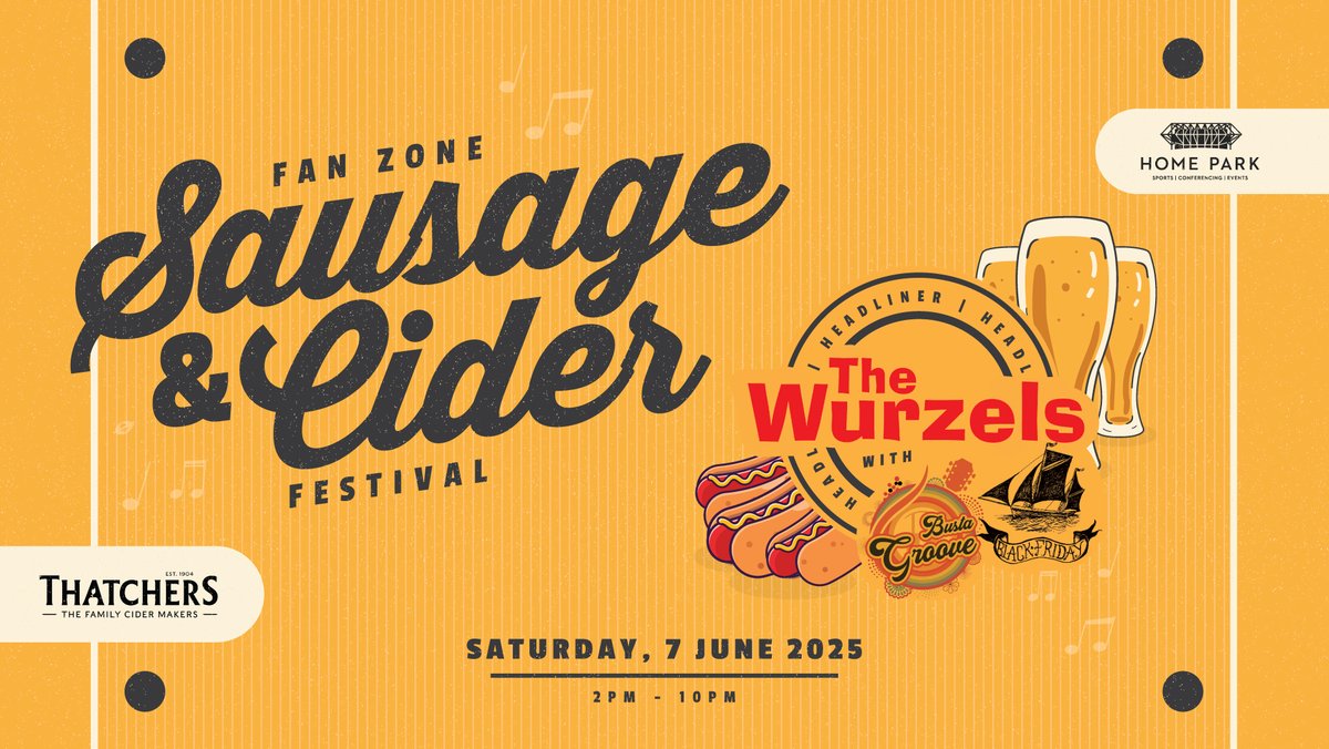 🌭Sausage, Cider &amp; The Wurzels!🍻

Evergreen members get £5 OFF up to 5 tickets for one of the biggest events at Home Park this summer – the Sausage and Cider Festival on Saturday, 7 June! 🍺

This event will include:

🎸 Live music from West Country legends The Wurzels
🍻 Over