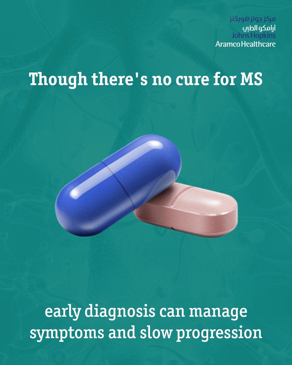 JHopkinsSaudi's tweet photo. Multiple Sclerosis (MS) is more than nerve damage, it’s a condition that disrupts the body’s ability to communicate with itself.  

In MS, the protective covering around nerve fibers is damaged, leading to misfired or blocked signals between the brain and the body. This disruption can affect movement, vision, and daily functioning.  

While there's no cure for MS, early diagnosis and treatment can help manage symptoms and slow the progression of the disease.  

Visit the link to learn more and talk to our Neurology experts: https://t.co/MlnCLw7BAx  

#JHAH #JohnsHopkinsAramcoHealthcare