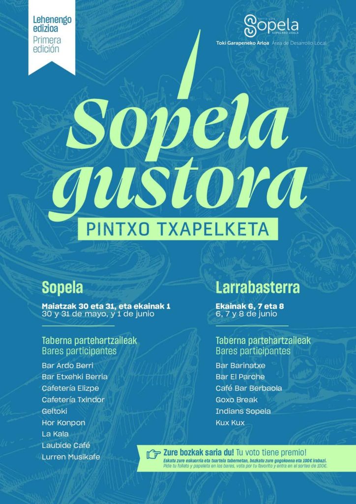 🍖🍢🍷🍻 Este fin de semana, concurso de pintxos Sopela Gustora!!  
No te lo pierdas, tu voto cuenta!!  

🍖🍢🍷🍻 Asteburu honetan, Sopela Gustora pintxo txapelketa!! 
Ez ezazu galdu, zure botoak balio du.