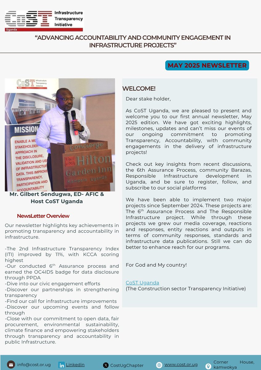 CoST Uganda (@costugchapter) on Twitter photo Our MAY 2025NewsLetter Edition
"Billions invested in Infrastructure, but how much goes into listening to communities it impacts?"
Advancing Accountability and Community Engagement in Infrastructure Projects cost.or.ug/downloads/adva… <a href="/GovUganda/">Government of Uganda</a> <a href="/KCCAUG/">Kampala Capital City Authority (KCCA)</a> <a href="/PPDAUganda/">PPDA Uganda</a> <a href="/africafoicentre/">Africa Freedom of Information Centre (AFIC)</a> Our MAY 2025NewsLetter Edition
"Billions invested in Infrastructure, but how much goes into listening to communities it impacts?"
Advancing Accountability and Community Engagement in Infrastructure Projects cost.or.ug/downloads/adva… <a href="/GovUganda/">Government of Uganda</a> <a href="/KCCAUG/">Kampala Capital City Authority (KCCA)</a> <a href="/PPDAUganda/">PPDA Uganda</a> <a href="/africafoicentre/">Africa Freedom of Information Centre (AFIC)</a>